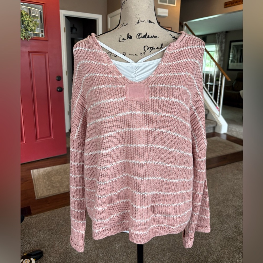 Blu Pepper Pink and White Striped V-Neck Sweater